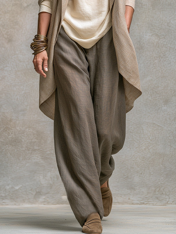 Donatella | Conjunto de Tres Piezas Beige Gris con Cárdigan Largo y Pantalón Amplio