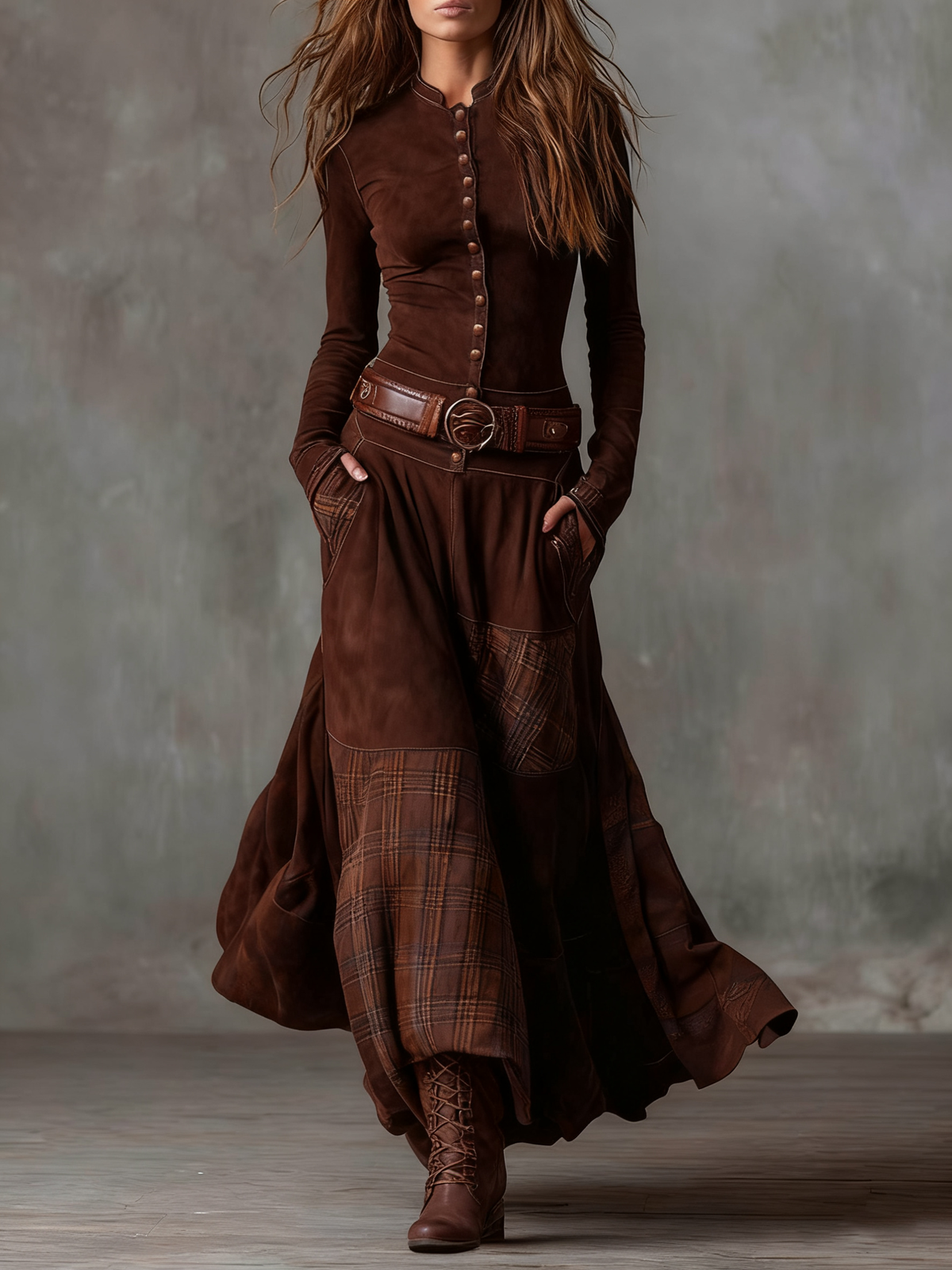 Élise | Vestido largo de efecto gamuza con cinturón
