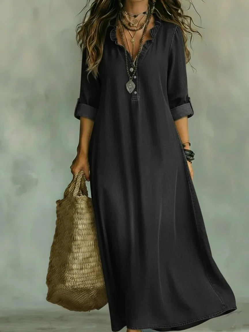 Avenya | Vestido Largo de Mezclilla con Olanes