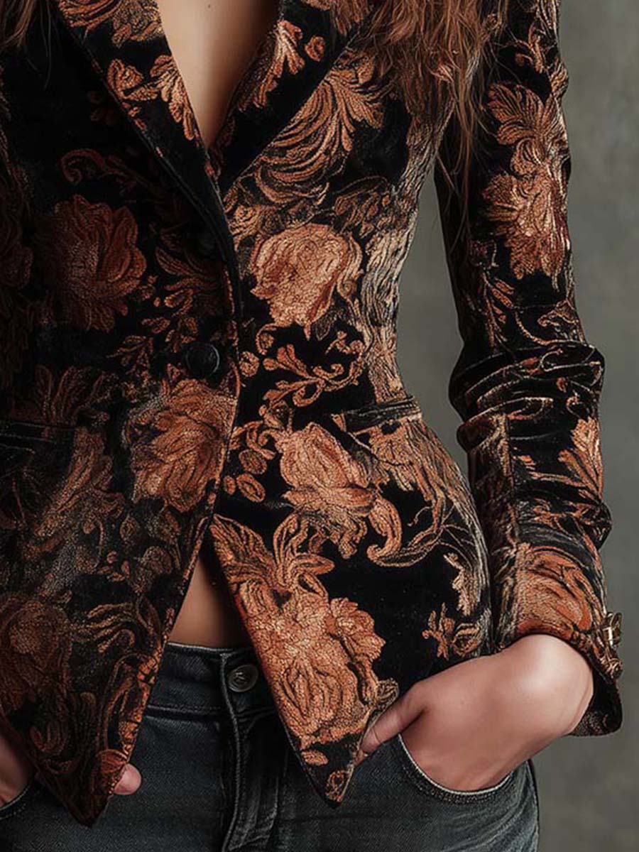 Paloma | Blazer Estilo Sastre Estampado Floral Negro y Bronce