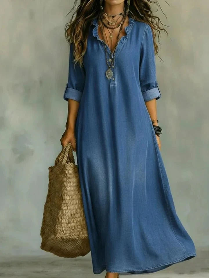 Avenya | Vestido Largo de Mezclilla con Olanes