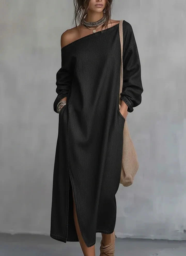 Alenya | Vestido Midi de Mezclilla con Hombros Descubiertos
