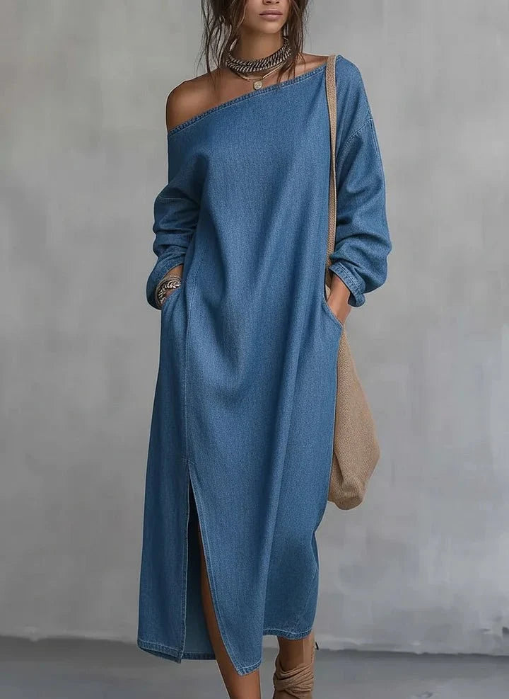 Alenya | Vestido Midi de Mezclilla con Hombros Descubiertos
