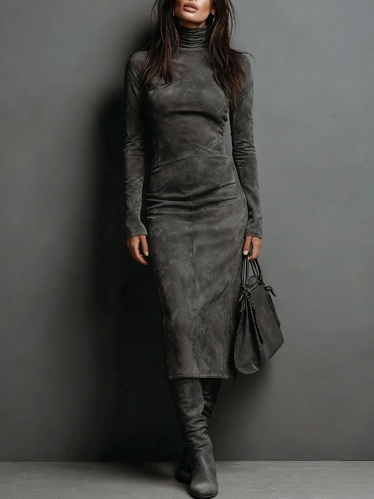 Lorène | Vestido midi café de efecto gamuza