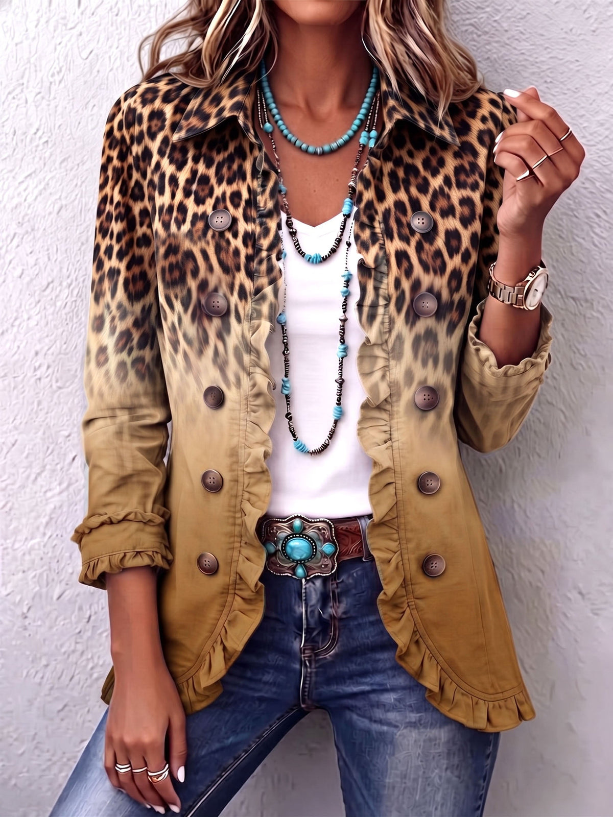 Regina | Blazer Animal Print Degradado con Volantes