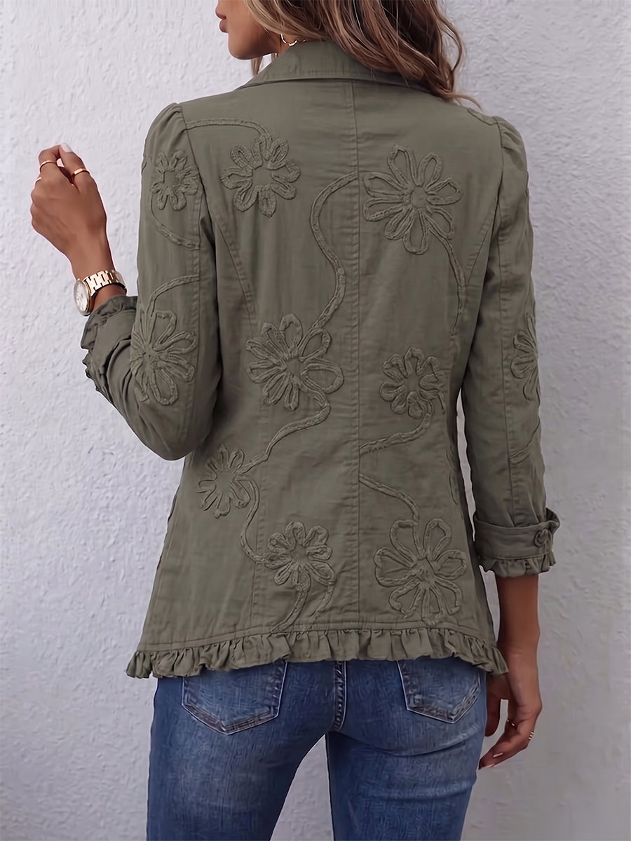 Alessandra | Chamarra Boho-Chic Bordada de Flores Verde Retro con Olanes