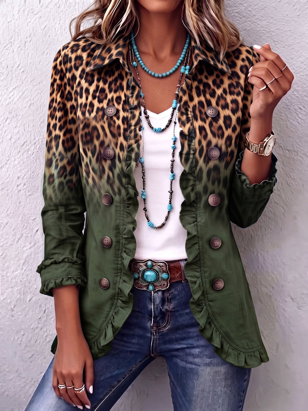Regina | Blazer Animal Print Degradado con Volantes